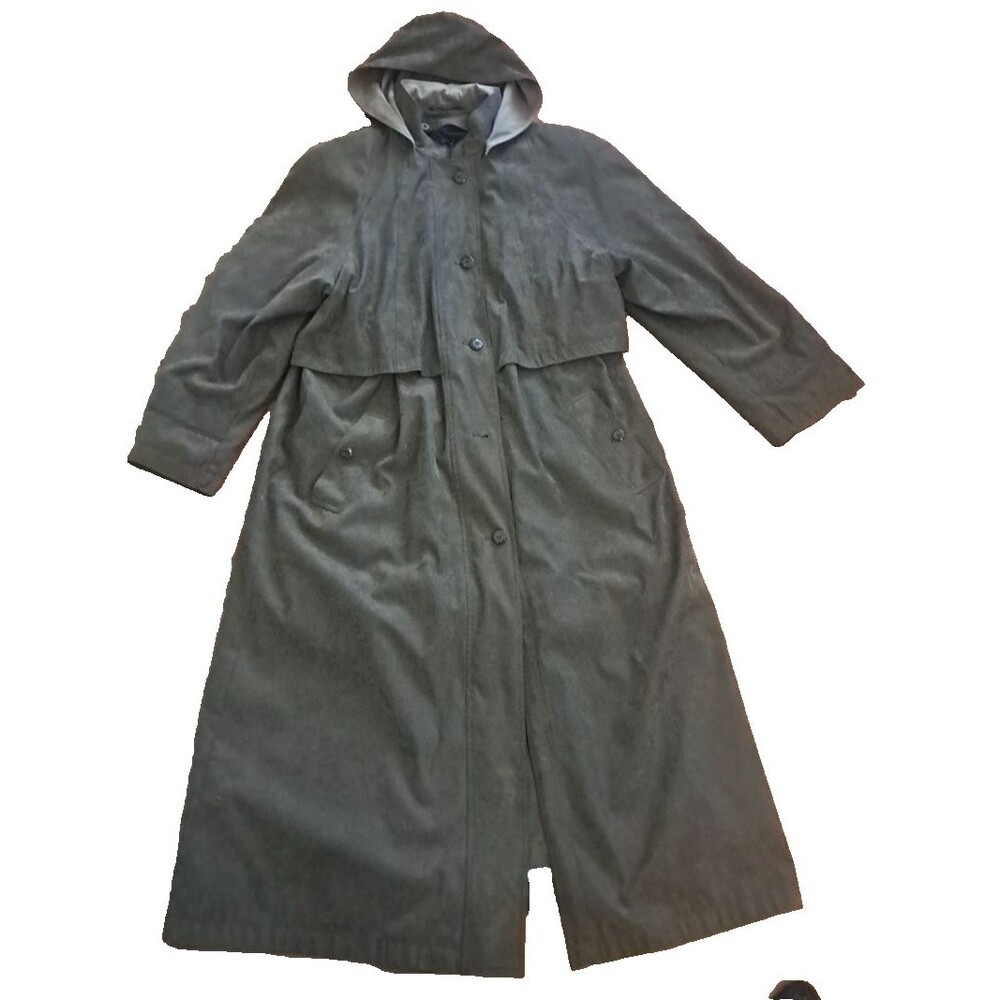 Womens Vintage Duster Rain Coat Faux Suede Brown Pockets Removable Large 16